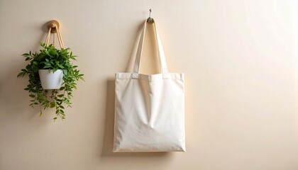 A canvas tote bag hangs beside a potted plant on a beige wall.