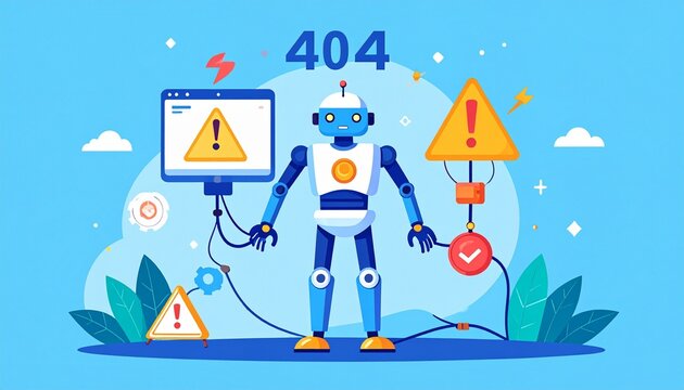 A robot troubleshooting a computer error, displaying a 404 error code.