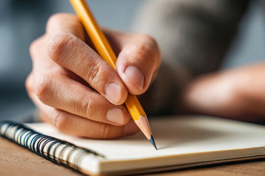 A student is ready to take notes with a sharpened pencil positioned above a blank notebook. The focus highlights the preparation for learning and note-taking