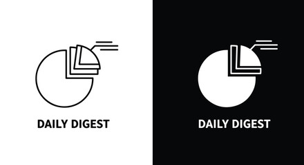 Minimalist logo concept for Daily Digest featuring a stylized pie chart, presented in both black on white and white on black versions.