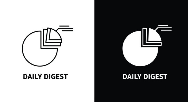 Minimalist logo concept for Daily Digest featuring a stylized pie chart, presented in both black on white and white on black versions.