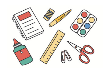 School Supplies Assortment: a vibrant assortment of school supplies neatly arranged, evoking a sense of creativity and the joy of learning. Featuring a notebook, pen, eraser, ruler, paper clips.