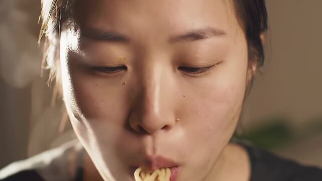 Captivating Slow Motion Portrait of A Young Asian Woman Savoring Steaming Hot Noodles With Rising Steam in Natural Lighting in Intimate Close Up and Expressing Cultural Food Appreciation