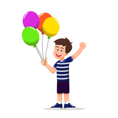 A cheerful vector illustration of a young child holding a balloon, smiling brightly, and waving hello