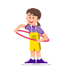 A smiling girl holding a hula hoop around her waist, enjoying a playful moment