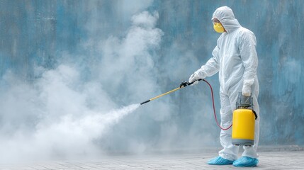 Worker in full protective suit sprays disinfectant on a surface. It can be used to depict sanitation, hygiene, or disease control.
