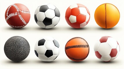Eight different sports balls arranged in two rows, showcasing various textures and colors on a white background.