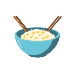 Blue bowl filled with white rice and corn kernels, accompanied by a pair of wooden chopsticks.