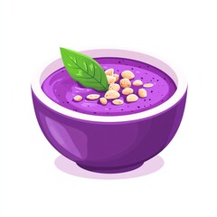 A vibrant purple smoothie bowl topped with nuts and a fresh green leaf in a matching purple bowl.