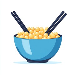 Blue bowl filled with yellow round food balls and two pairs of black chopsticks resting inside.