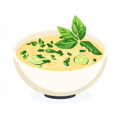 A bowl of creamy soup garnished with lime slices, fresh herbs, and basil leaves on a white background.