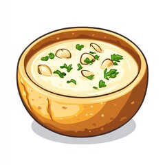 A bowl of creamy soup garnished with herbs and small pieces, served in a round wooden bowl.