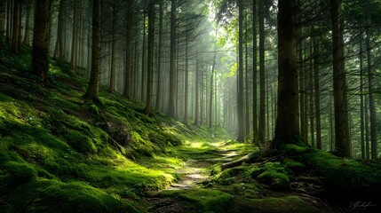 Obraz premium Sunlight filters through the dense forest, illuminating the moss-covered path.