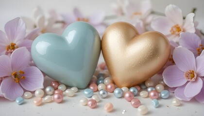 Obraz premium Romantic Glitter Hearts Surrounded by Colorful Spring Flowers