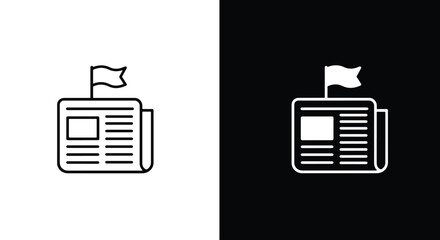 A minimalist line icon of a folded newspaper with a small flag, shown in black and white versions.