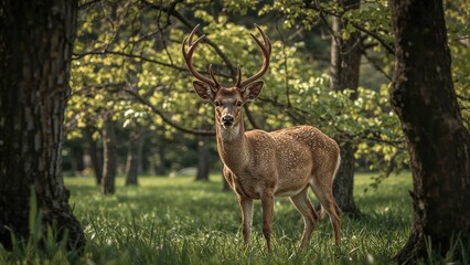 Fototapeta premium An animal wandering in a lush green park during spring