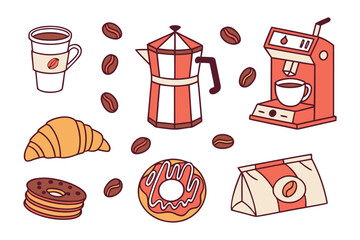 Coffee and Treats: A delightful collection of coffee-related elements and sweet treats, arranged artfully on a flat surface, perfect for cafe design, menu, or food-related projects.
