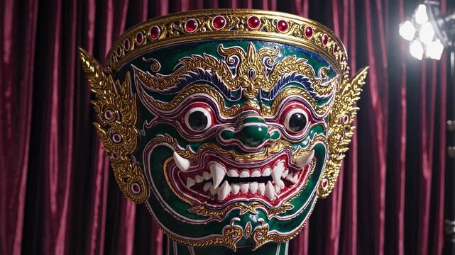 Vibrant Thai Khon Demon Mask Display