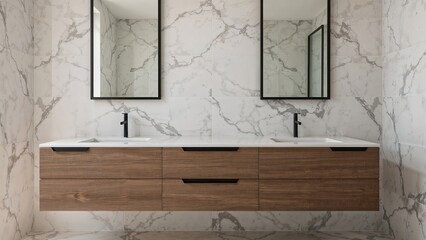 Bathroom interior with stylish wood cupboards, marble patterned walls, white basin, black fixtures, and framed mirrors in black.