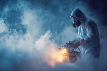 Obraz premium Man in hazmat suit uses fogger in dense cloud. It shows disease control, safety, and biosecurity.