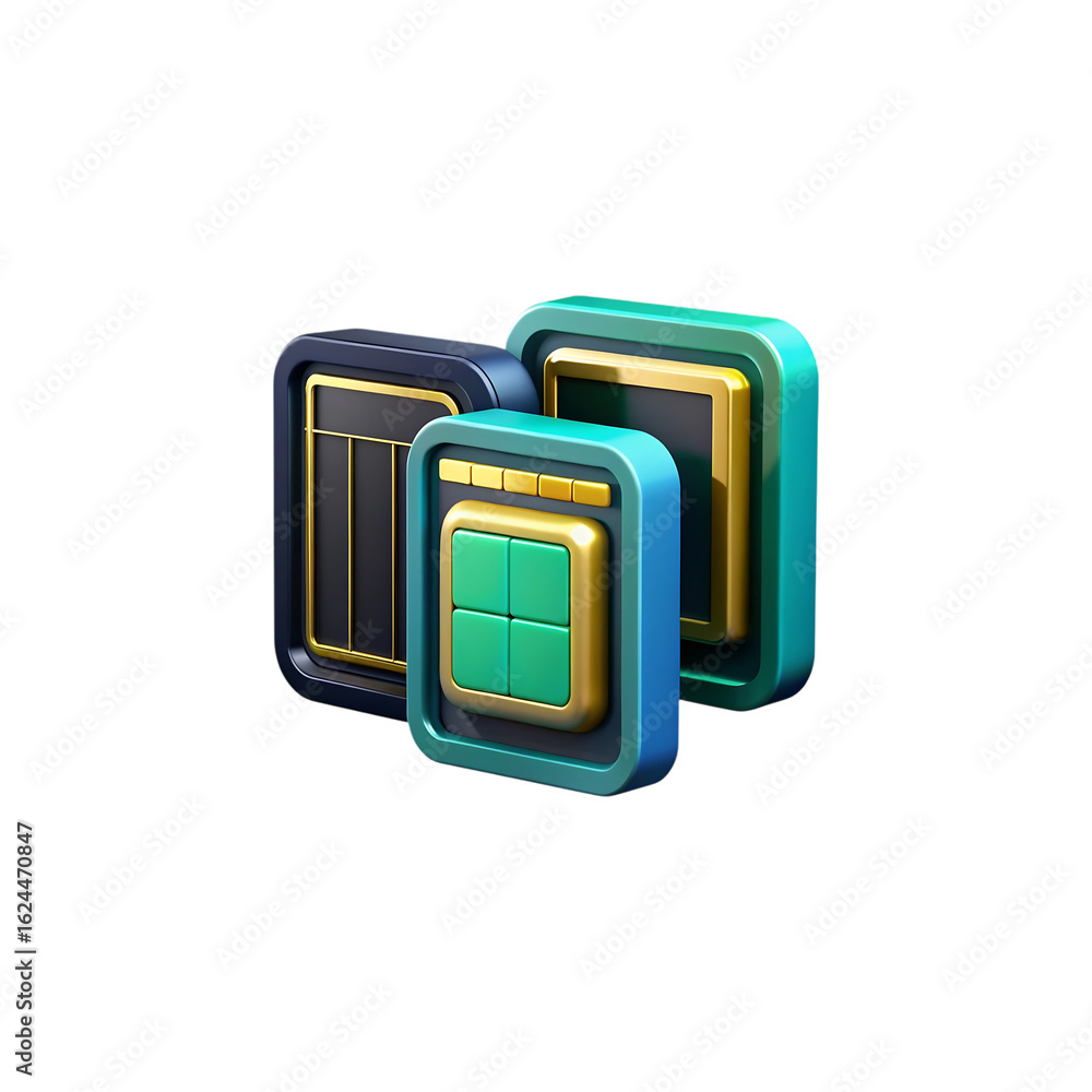 Fototapete three stylized 3d rendered game asset icons with metallic frames and glowing green grid patterns iso