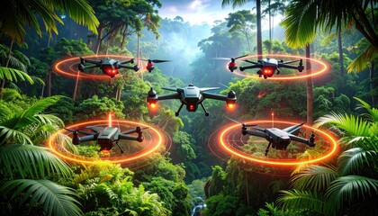 Drones flying over jungle forest Surveillance and technology.
