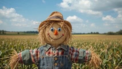A funny scarecrow standing in the farmland with a one-of-a-kind backdrop.