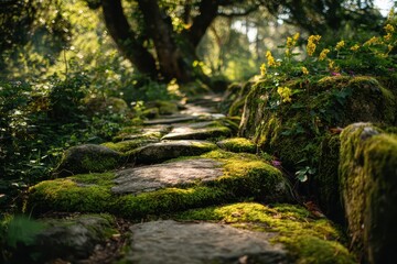 Obraz premium Mossy stones form a pathway through a lush green forest scene. Use for natural backgrounds, travel, or healthy living concepts.
