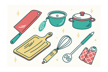 Essential Kitchen Utensils Illustrated: A colorful illustration of essential kitchen utensils showcases a cleaver, cutting board, pot, saucepan, whisk, ladle, and oven mitts.