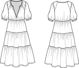 Technical fashion sketch of women's tiered boho midi dress with raglan sleeves, a plunging V-neckline, and empire waist, vector illustration. © Zahid Creatives