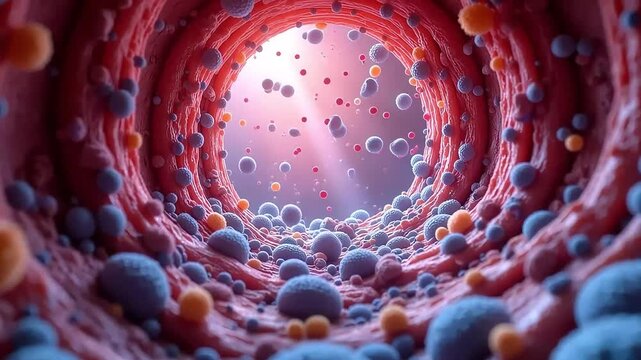 Animated microscopic view inside human blood vessel showing cells moving through bloodstream