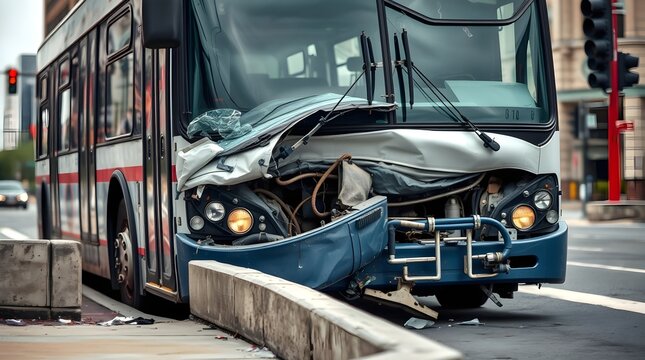 Damaged bus showing consequences of road accident in city