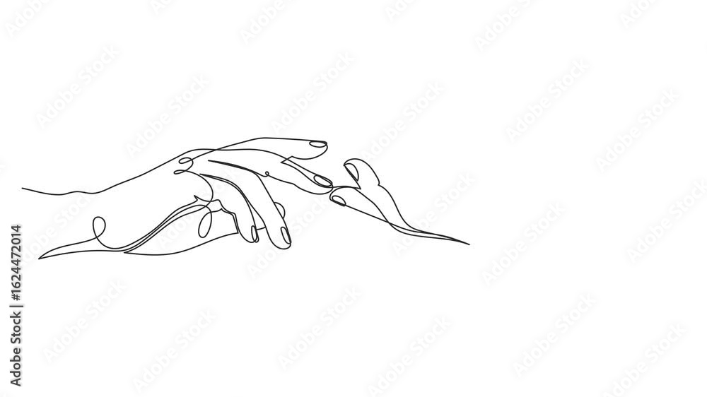 Poster continuous one line drawing animation of hands reaching towards each other. human relation concept. 