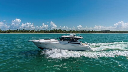 Fototapeta premium Sportfish motor yacht skims the water surface, beginning a fishing expedition