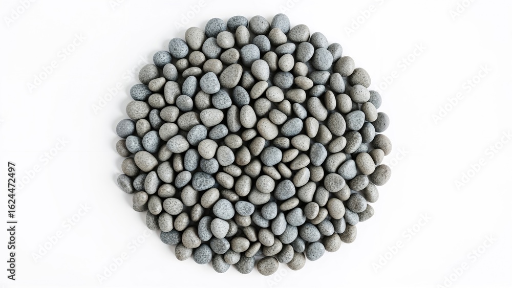Poster top-down view of a cluster of tiny gray stones isolated on a white background