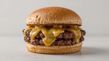 A beef-filled sandwich dripping with melted cheese