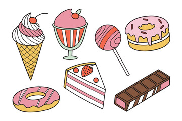 Sweet Delights Array: A visual feast of dessert illustrations, showcasing the tempting allure of ice cream, cake, candy, and pastry creations in a vibrant arrangement, a sugary symphony!