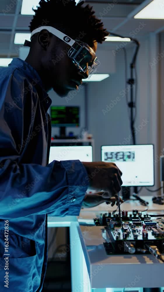 Poster high-angle shot of a modern tech lab with computers and circuit boards, creating a futuristic video 