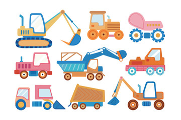 Construction Vehicle Illustrations: A vibrant collection of illustrated construction vehicles, from excavator to dump truck, ready for creative use. 