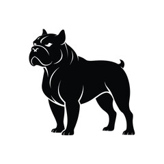 Bold black silhouette of a muscular bulldog standing, with a stern expression and defined musculature, isolated on a white background, conveying strength and loyalty