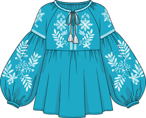 Technical fashion sketch of embroidered peasant blouse with tassel tie keyhole neckline, balloon sleeves, and peplum hem, vector illustration.