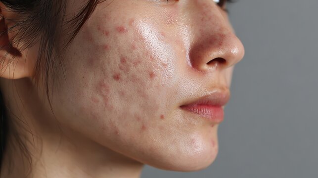 Close-Up of Asian Woman&rsquo;s Face with Visible Acne and Blemishes Including Red Papules, Whiteheads, and Cysts, Showing Uneven Skin Texture and Inflammation Under Natural Lighting