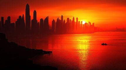 Fototapeta premium Majestic Sunset Over City Skyline with Reflections on Water