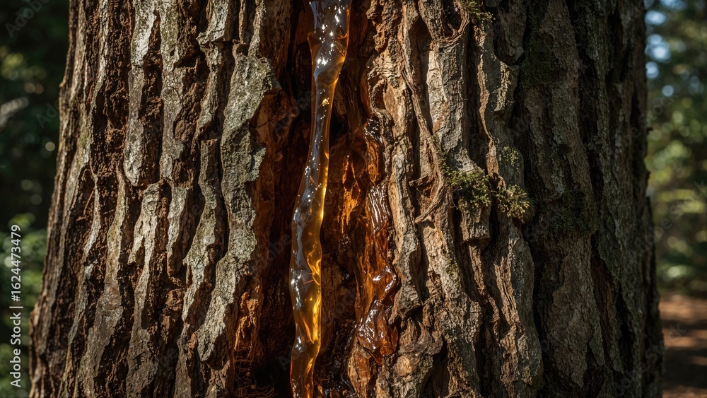 Poster zoomed-in view of resin dripping from a tree trunk within a wooded area
