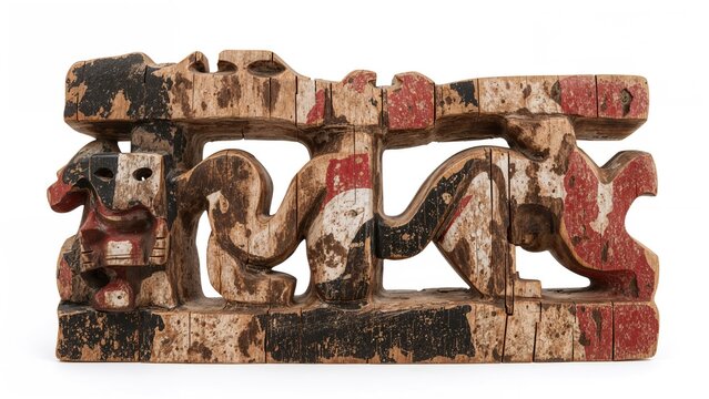 A classic aged wooden sculpture of a gorga singa-singa set against a white backdrop, featuring bold red, black, and white hues that represent bravery, power, and innocence.