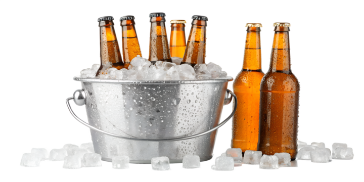 Six Bottles of Beer in an Ice Bucket with Condensation