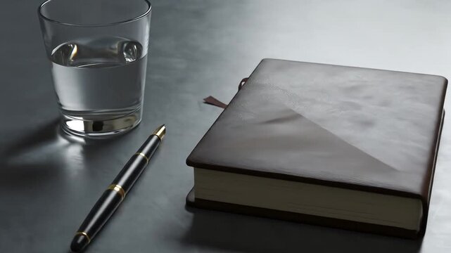 Water notebook and pen on desk
