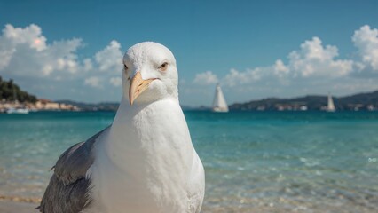 Under the soft glow of a May sun, a seagull stands by the seaside