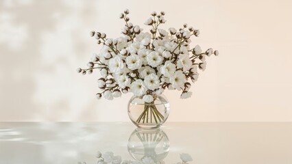 Arrangement of white flowers with cotton in the center, positioned near a mirror that reflects them.