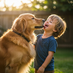 Joyful Child Laughing as Golden Retriever Licks Face in Sunny Backyard.